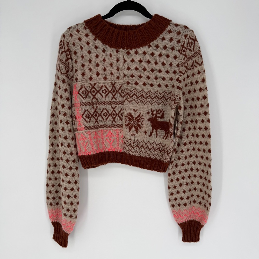 FREE PEOPLE SNOW GLOBE PULLOVER SWEATER GINGERBREAD COOKIE XS NWT FAIR ISLE BOHO